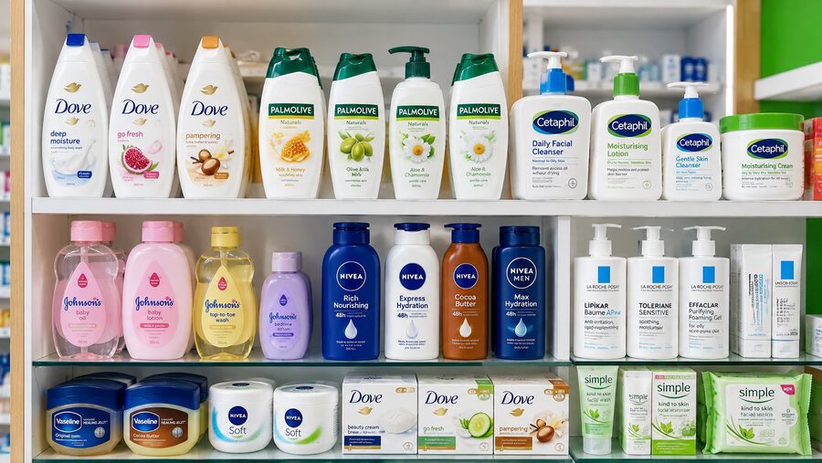 Skincare and body care products on the Unihealth Pharmacy shelves.